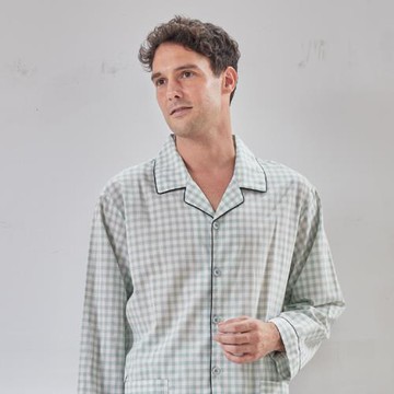 GOLDDEER金鹿 - 紳士潮格100%棉夏季款國民領長袖睡衣-綠格【M5401】