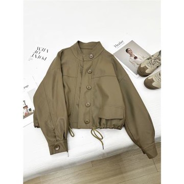 卡其綠今年流行抽繩皮衣外套女2024新款春裝小個子短款夾克上衣潮