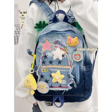梨子家漸變牛仔拼色雙肩包卡通貼布個性可愛百搭書包校園大學生