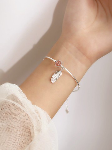 小麋人925手作草莓豆沙粉色水晶羽毛吊墜純銀手鐲精致手鏈禮物女