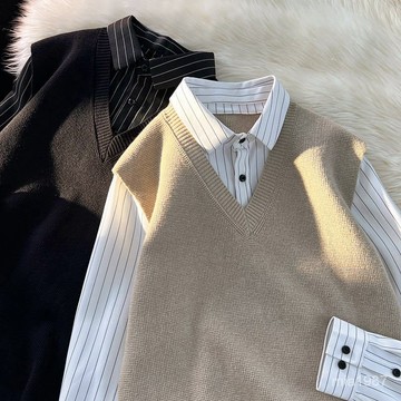 【精品男裝】假兩件豎條紋拚接襯衫衛衣長袖高級感內搭打底衫秋鼕季毛衣外套男 WUH3