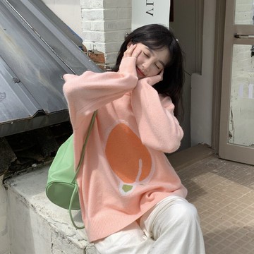2021年新款歐貨軟糯超仙甜美慵懶風套頭粉色毛衣女秋冬設計感小眾