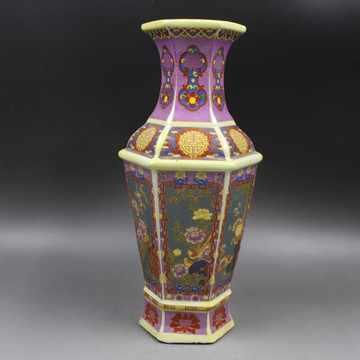 清雍正年制爬花琺瑯彩六方花鳥觀音瓶 仿古瓷器擺件 古董古玩收藏1入