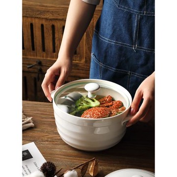 家用北歐8英寸雙耳陶瓷湯碗 微波爐湯鍋帶蓋 創意大號純色盛湯盆