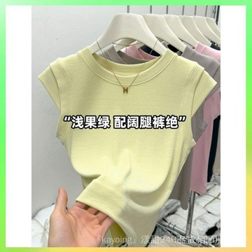 🔥臺灣出貨 純色圓領小飛袖正肩T恤女2024新款緊身短款上衣設計感無袖體恤夏 限時特賣X315-2-A