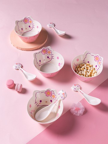 摩登主婦櫻花hellokitty密胺碗套裝防摔寶寶可愛餐盤兒童餐具女孩