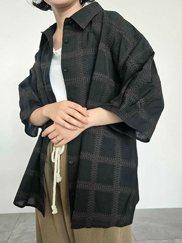 格紋花邊線條刺繡寬袖設計翻領襯衫(0F001035710) - Samansa Mos2