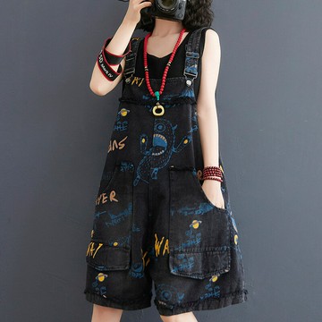 【巴黎精品】吊帶褲牛仔短褲-減齡印花丹寧寬鬆大碼女褲子2色a1bg17