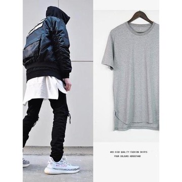 歐美品質比伯高街嘻哈街舞寬松層次打底前短后長弧形短袖男潮