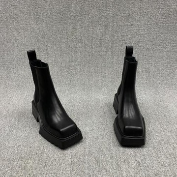 歐洲站女鞋2024秋季新款歐貨真皮松糕底套筒英倫方頭短靴切爾西靴