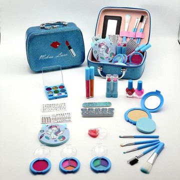 跨境熱銷兒童化妝品套裝兒童美妝盒藍色收納美妝盒美妝手提包