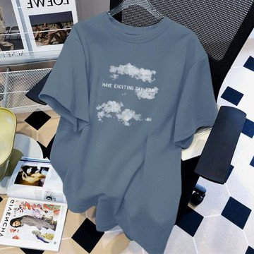 霧霾藍短袖t恤女大碼巨顯瘦上衣正肩潮牌小眾別致ins微胖顯瘦女裝