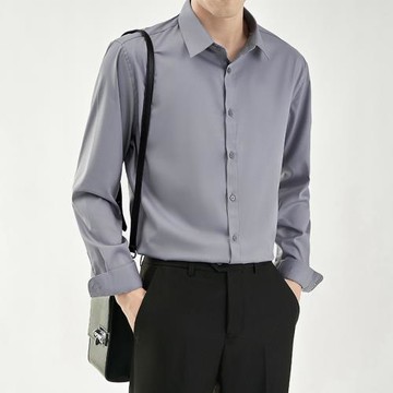 韓版高級感商務休閑襯衫男免燙純色寸衫正裝男士黑色襯衣輕熟上衣