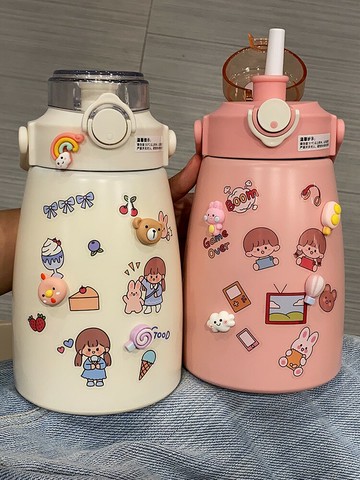 日本代購可愛網紅大肚吸管水杯304不銹鋼保溫杯手提便攜學生水壺
