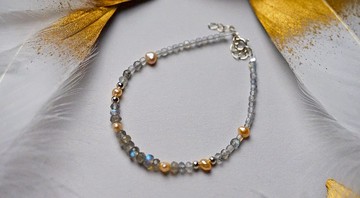 纯银手工制作拉长石粉金珍珠手链