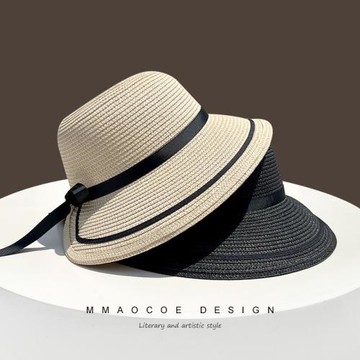 草帽女夏海邊法式優雅蝴蝶結拉菲草編遮陽防曬度假沙灘大檐太陽帽