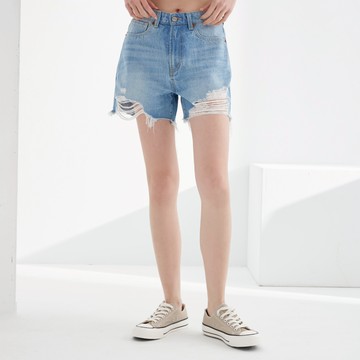 【ERSS】女裝 牛仔短褲 牛仔褲 短褲 刷破 水洗 褪色 不規則刷破 淺藍【S20122】
