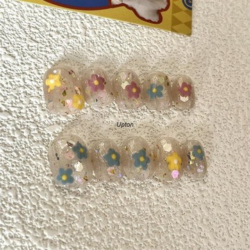 ✨Upton✨【店內美甲師手作】穿戴甲手工美甲貼片新款彩色手繪花花冰透裸色亮片短甲手工穿戴假指甲片.✨