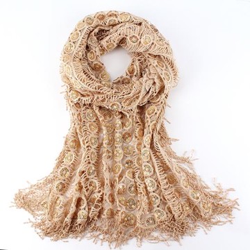高檔蕾絲勾花鏤空旗袍披肩女夏外搭復古薄款亮片流蘇圍巾包頭絲巾
