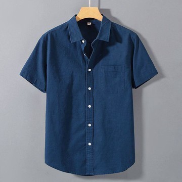 亞麻襯衫 短袖棉麻襯衫 透氣 棉麻短袖襯衫男 夏季亞麻休閒襯衣 純色簡約小立領男裝上衣