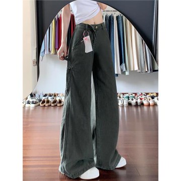 美式軍綠色工裝褲女秋冬新款胖妹妹mm高腰寬松顯瘦闊腿微喇牛仔褲