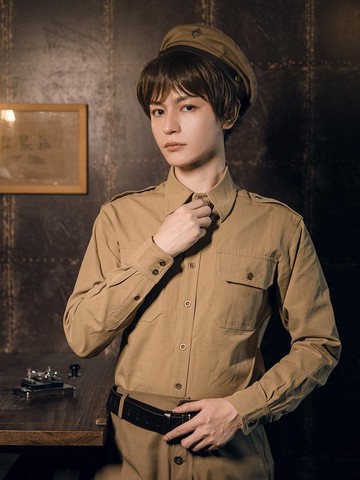 蒸汽朋克 卡其色 暗條紋 純棉長袖 中長 男女中性款 制服襯衫