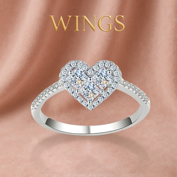 Wings 醉心 愛心心型迷人設計 花式切工擬真鑽精鍍白K金戒指 女戒