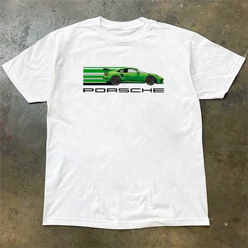 西海棧道t恤短袖PORSCHE男女綠色跑車印花白色不透純棉寬松半袖