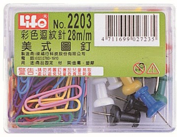 LIFE 金徠福 豪華型 彩色迴紋針60支入、美式圖釘15支入 NO.2203