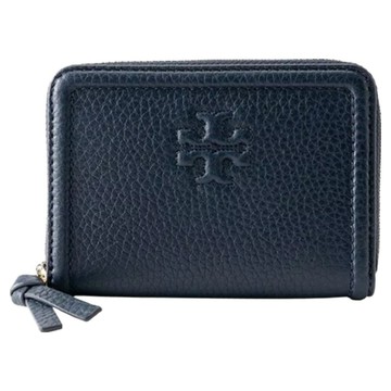 TORY BURCH 素面皮革拉鍊短夾 S1055378  深藍色  11 x 8 x 2cm