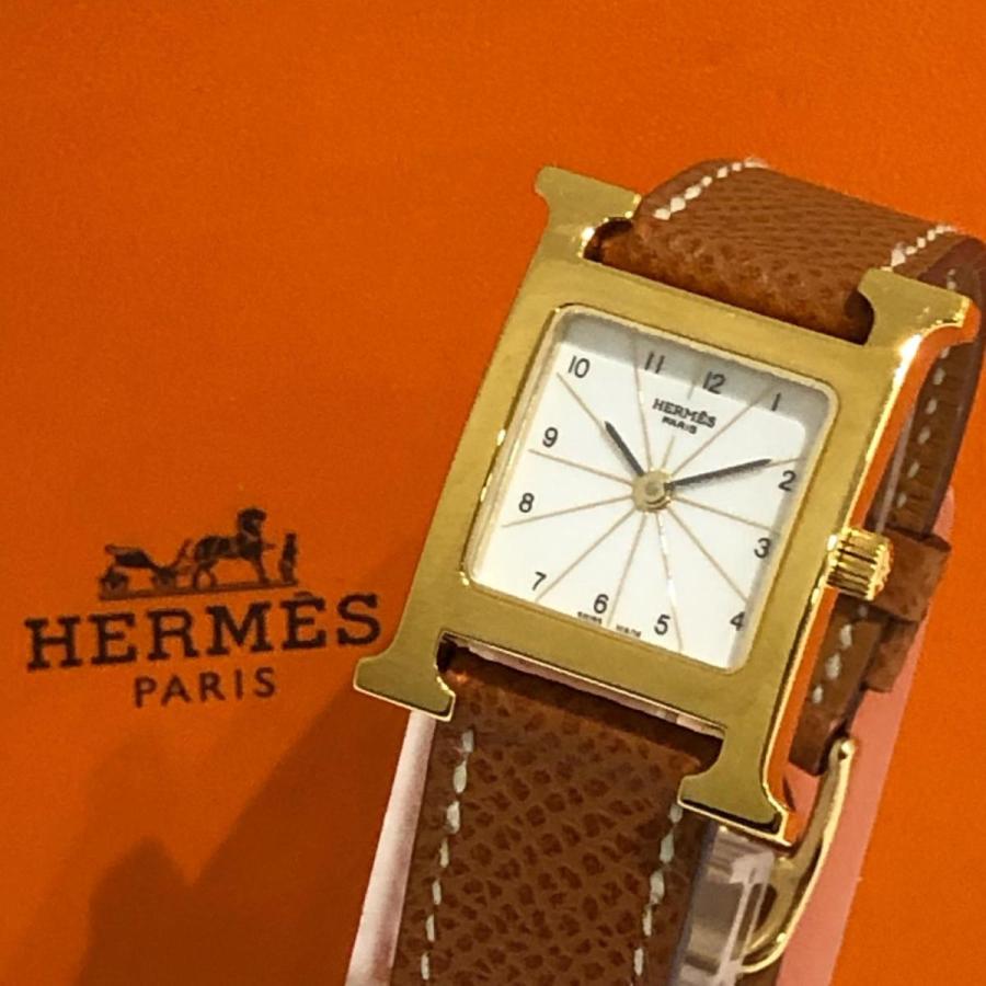 腕時計HERMES Hウォッチ クオーツ 革ベルト イエロー A刻印 ホワイト文字盤