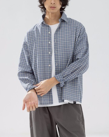 男裝 復古配色格紋設計長袖襯衫 M/L/XL