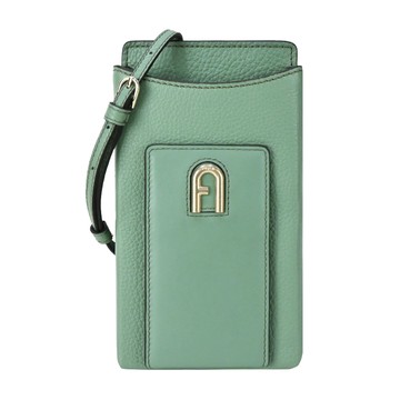 FURLA PRIMULA拱門LOGO荔枝紋斜背手機包-湖水綠