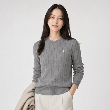 Polo Ralph Lauren RL 熱銷圓領刺繡小馬麻花針織毛衣(女)-灰綠色