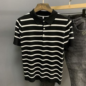春夏季男士條紋針織polo衫緊身翻領T恤修身帥氣薄款冰絲短袖潮牌