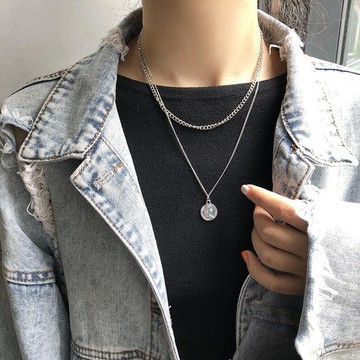 現貨-歐美嘻哈風網紅項鍊女個性簡約美人頭硬幣項鍊雙層項鍊女-D106