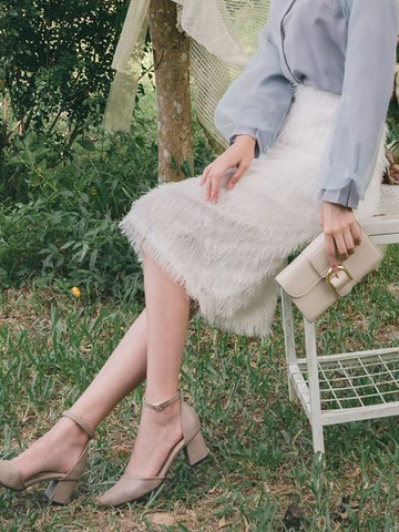 金蔥羽毛後開衩中長圓裙