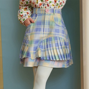 Outlet｜復古風格藍色格紋拼接不對稱百褶裙