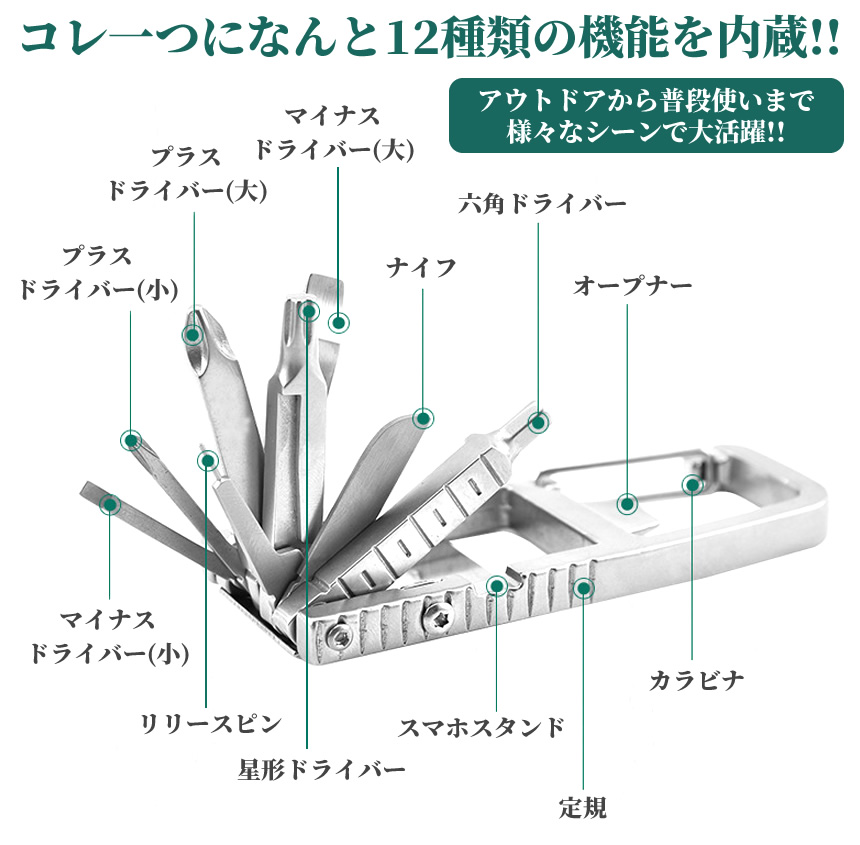 マルチツール ドライバー ナイフ オープナー 六角 カラビナ スマホスタンド リリースピン