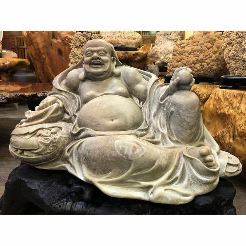 天然石彫刻 布袋像 台座付き 七福神 置物 仏教美術 仏像 総高約57cm ...