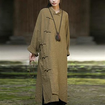 【米蘭精品】現貨+預購 新中式洋裝棉麻上衣手工亞麻連身裙夏季女裝大尺碼-長袖禪修寬鬆女裙子2色74lw54