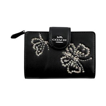 COACH仿刺繡亮粉燙印蝴蝶皮雕黑色素面皮革金字牌摺口釦式雙摺中夾