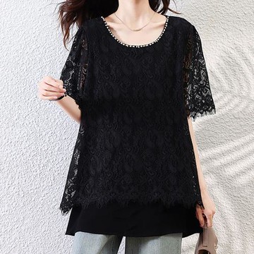 麗質達人 - 8292黑色蕾絲拼接假二件上衣-LY