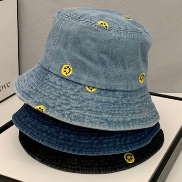 🌞繡花笑臉漁夫帽顯臉小韓版時尚百搭盆帽男平頂遮陽帽防晒遮臉休閒優質