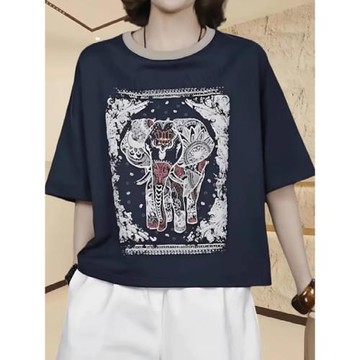 大碼純棉印花圓領短袖t恤女夏季新款胖MM洋氣寬松顯瘦高級感上衣