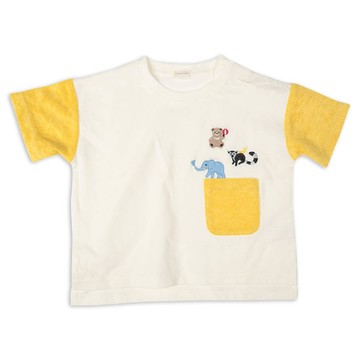 akachan honpo - 短袖T恤-毛圈布拼接-芥末黃色