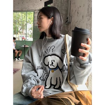 夾心蛋撻春秋設計感小狗情侶圓領灰色無帽衛衣女韓版寬松加絨外套