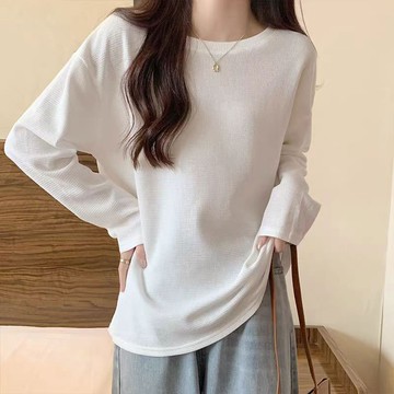 🔥免運 台灣現貨🔥华夫格上衣 長袖 T恤女 中性風 素色圓領T恤 韓系女裝打底衫 女士T恤 上衣 舒適百搭 運動上衣