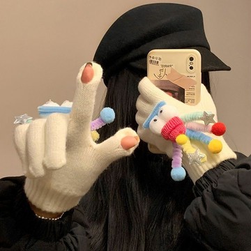 臺灣/✨ 騎車手套 防寒手套 手套可愛搞怪針織手套女秋冬季保暖露指可觸屏分指全包騎車防風防寒潮