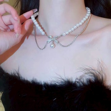 女士蝴蝶結珠閃亮項鍊,時尚個性設計雙層項鍊